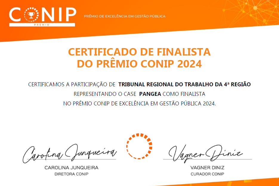 imagem do certificado de finalista do prêmio conip, em sua maioria branco com elementos gráficos em laranja