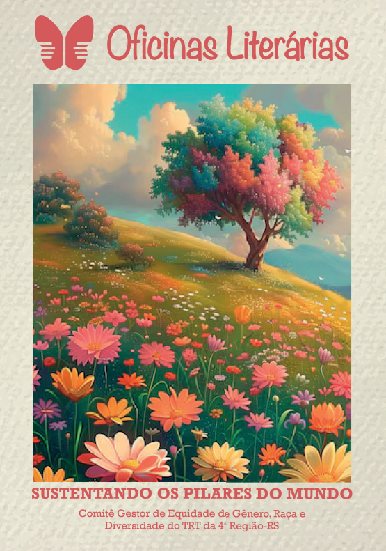 Capa contendo um campo florido com flores diversas e uma árvore colorida. Céu azul e nuvens completa a paisagem.