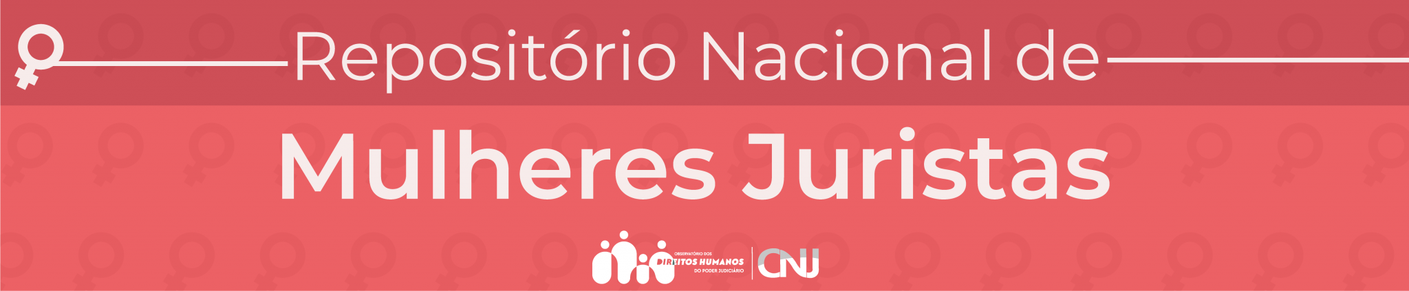 Banner retangular horizontal com fundo na cor coral e fontes em branco, contendo o texto "Repositório Nacional de Mulheres Juristas" no toipo e o logotipo do CNJ na parte inferior.