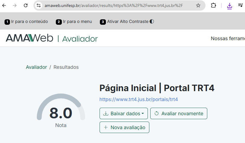 Avaliação de nível de acessibilidade da página do TRT4, segundo o AMAWeb Avaliador. A nota geal do TRT4 é 8 de 10.