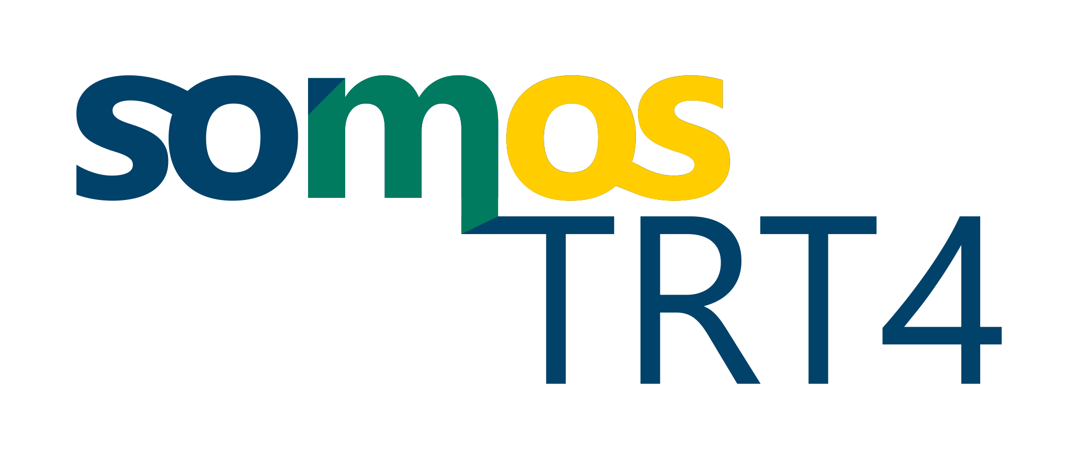 Logo do projeto Somos TRT4 - A palavra Somos está nas cores do Tribunal (azul, verde e amarelo) e se conecta ao TRT4