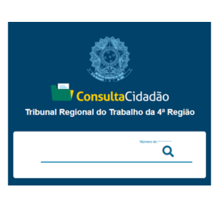 Tela de abertura da Consulta Cidadão. Logo do Tribunal Regional do Trabalho da 4ª Região sobre fundo azul. Abaixo, o texto "Consulta Cidadão" ao lado do ícone de uma pasta. Na parte inferior, um campo de busca branco com uma lupa para digitar o número do processo.