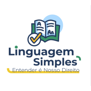Logotipo colorido com a inscrição "Linguagem Simples" e o slogan "Entender é Nosso Direito". Acima do texto, há a ilustração de um livro aberto com letras e um símbolo de visto (check) amarelo, indicando aprovação ou clareza.