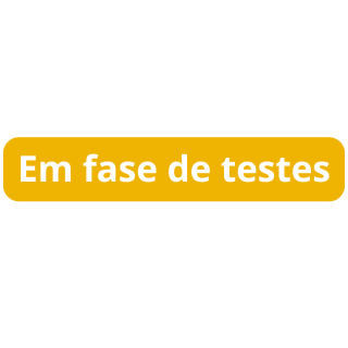 Botão retangular amarelo com cantos arredondados, contendo o texto "Em fase de testes" escrito em letras brancas e em negrito.