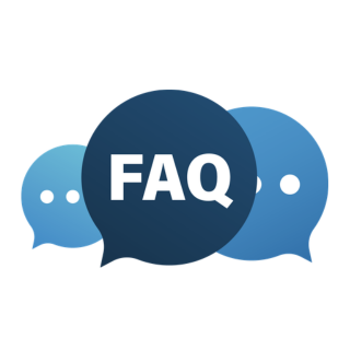 Três balões de conversa sobrepostos em diferentes tons de azul. O balão central, mais escuro, exibe a sigla "FAQ" em letras brancas. Os balões laterais, em tons claros, possuem três pontos brancos, indicando diálogo ou perguntas.
