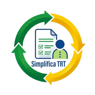 Ícone circular verde e amarelo com setas em ciclo. No centro, desenhos simplificados de um documento com marcas de "check" e de uma pessoa. Logo abaixo, o nome do projeto "Simplifica TRT" em azul.