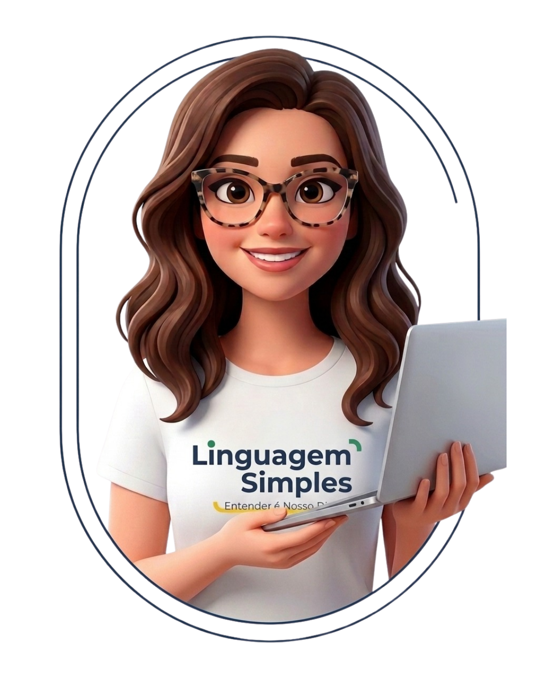 Clara - Assistente de Linguagem Simples do TRT-RS, mulher branca de olhos e cabelos castanhos, usa óculos e veste uma camiseta com o slogan linguagem simples. Segura um notebook com as mãos.