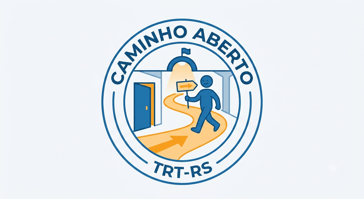 Logotipo circular do projeto "Caminho Aberto" do TRT-RS. Um selo azul e branco com a ilustração de uma pessoa caminhando por um trajeto sinuoso iluminado dentro de um prédio, segurando uma placa de sinalização. Logotipo circular do projeto "Caminho Aberto" do TRT-RS. Um selo azul e branco com a ilustração de uma pessoa caminhando por um trajeto sinuoso iluminado dentro de um prédio, segurando uma placa de sinalização.