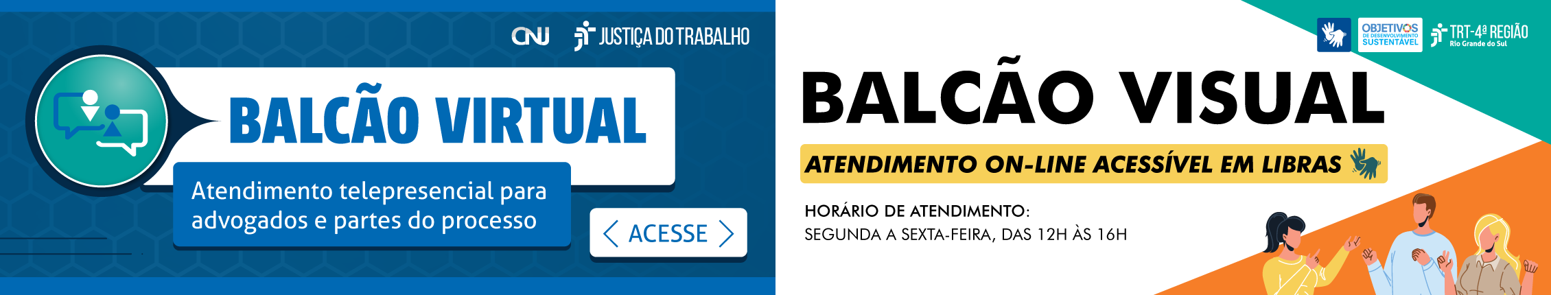Arte com o serviço "Balcão Virtual" e o texto "Atendimento telepresencial para advogados e partes de processos", Acesse, marca do CNJ e da Justiça do Trabalho. Imagem ilustrativa de pessoa utilizando laptop sobre mesa.